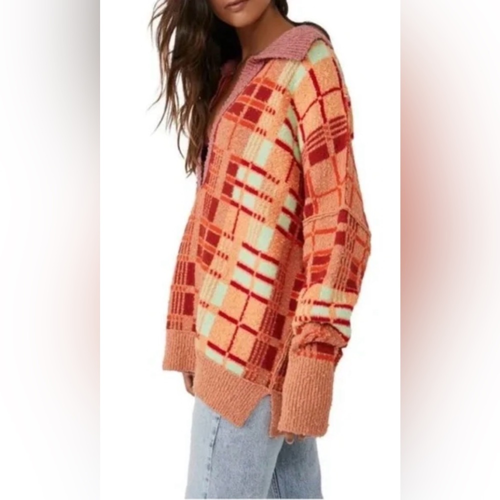 Free People Ruben Pullover Sweater Orange Plaid Oversized Boho Size M - Picture 3 of 10
